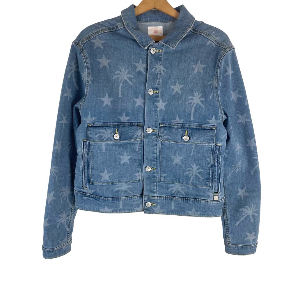 LulaRoe Women Denim Jacket Size Large Kenny Stars and Palm Trees Boho Western